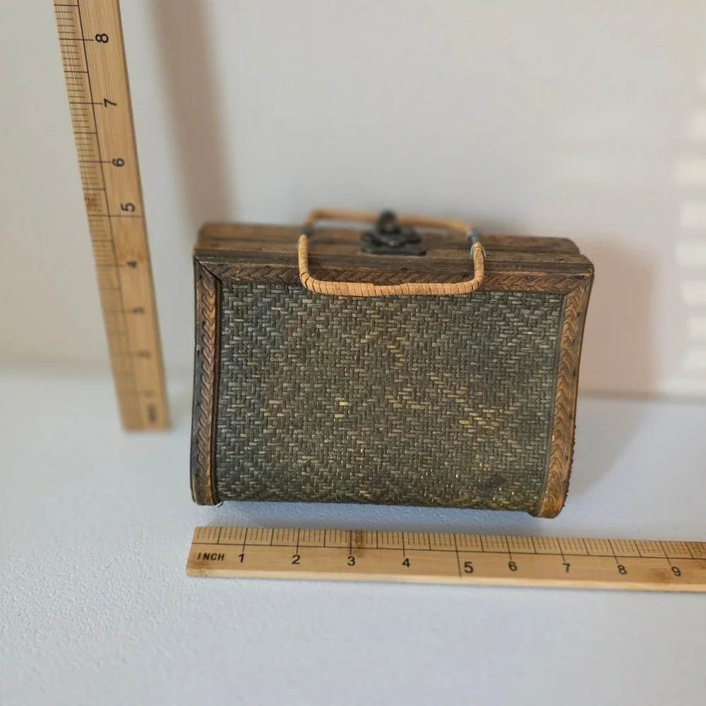 Vintage 70s Woven Wood Trinket Box Handbag Small Brown Boho Style